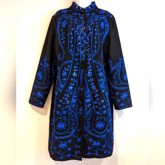 Metro Style wool black blue embroidered coat jacket with sequins Large - Picture 2 of 7